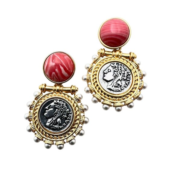 Womens Earrings Pierced Roman Coin Faux Pearl Pink Gold Tone Chandelier - Picture 2 of 4